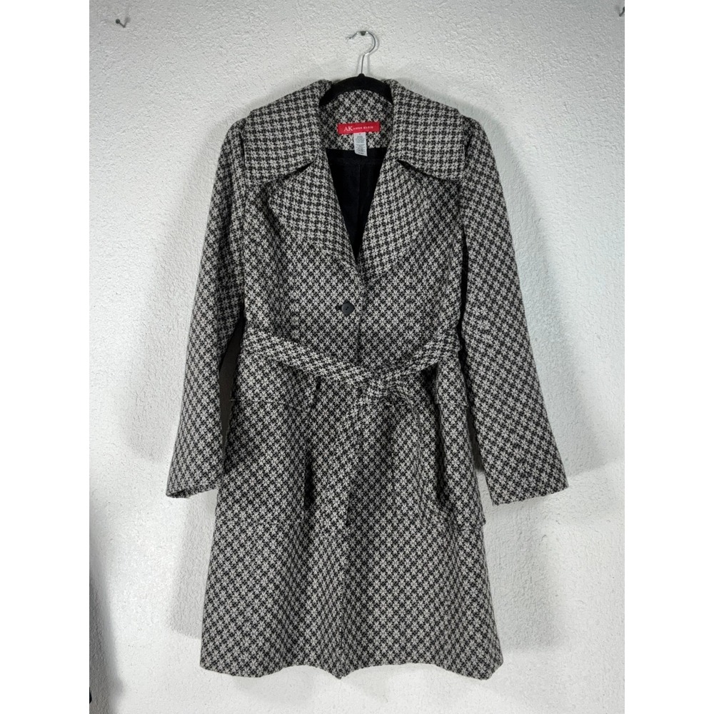 Anne Klein Herringbone Diamonds Belted Coat - 8 - Tweed Wool Blend Classic